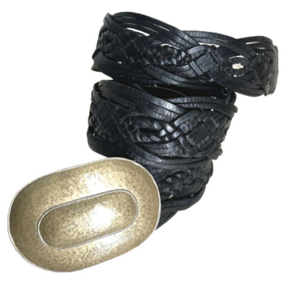 Chicos Wide Woven Black Leather Belt S/M Antique Gold Hammered Metal Buckle